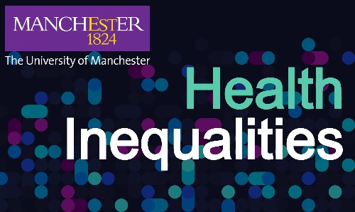 A background of pink and light blue dots on a dark blue background, with the university logo and the text Health Inequalities