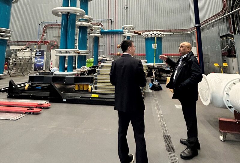 Mark Hendrick MP and Professor Qiang Liu in the High Voltage Lab