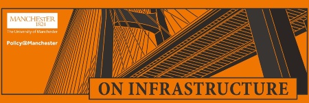 An illustrated bridge against an orange background