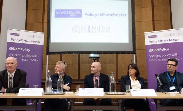 From left to right: Lord Willets, Professor Andy Westwood, Joseph Timan, Victoria Braddock and Andy Burnham