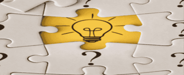 Image of a lightbulb on a yellow jigsaw piece surrounded by white jigsaw pieces with question marks