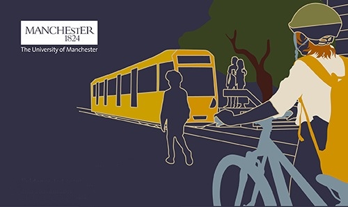 Blue and yellow illustration of pedestrians and a cyclist in urban area by a tram
