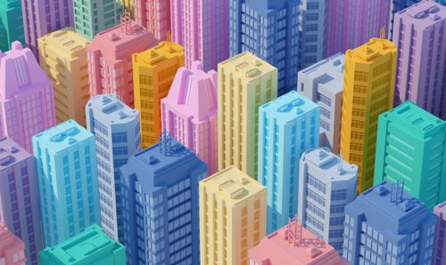 Tower blocks and skyscrapers in multicolour