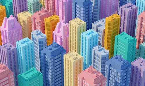 Cartoon image of a city with buildings in pastel colours