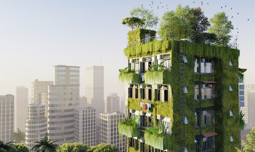 A 3d rendered mock up of a skyscraper with plants growing on the outside of it