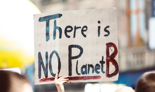 Climate protester holding up a sign reading There is no planet B