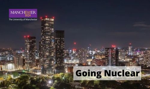 City lights at night with the University logo and Going Nuclear text