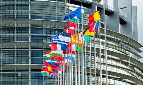 European flags outside European Parliament building