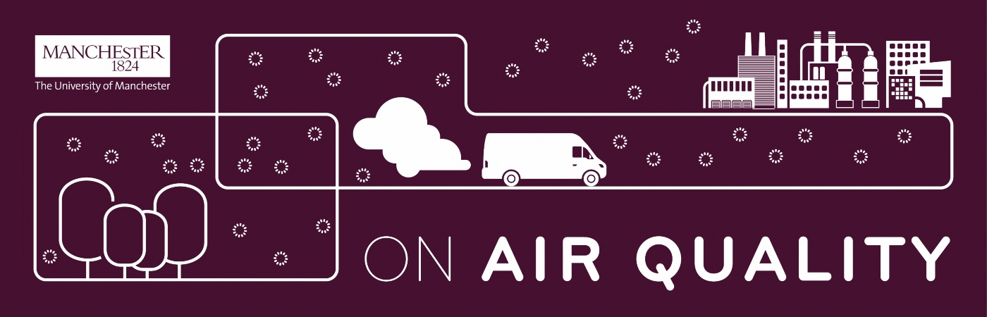 On Air Quality cover graphic - some cartoon trees, a van emitting a cloud of exhaust fumes and a collection of industrial building. White on a maroon background.