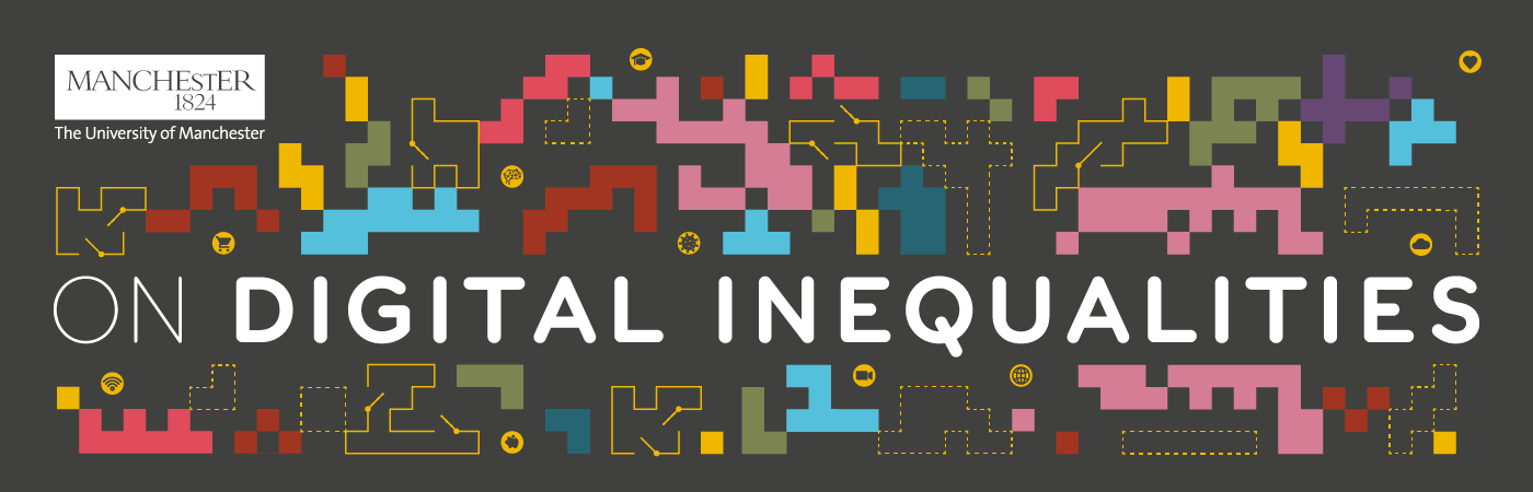 On Digital Inequalities cover graphic - a mixture of multi-coloured solid and dotted boxes on a charcoal grey background, interspersed with round app-like icons