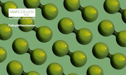 Image with green hydrogen molecules in the background and the white University of Manchester logo in the top left, with a white Policy@Manchester logo underneath it.