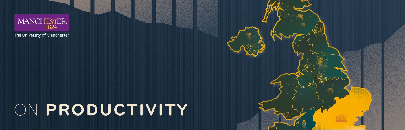 On Productivity cover image - illustration of a UK map and industry symbols over a blue background. 