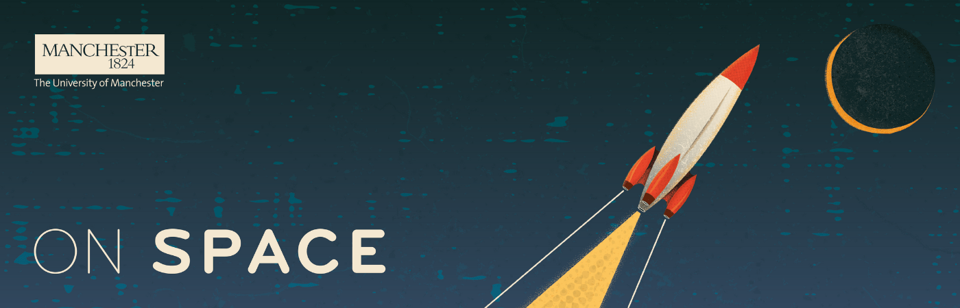 On Space banner - artwork features a stylised rocket flying towards a moon in lunar eclipse.